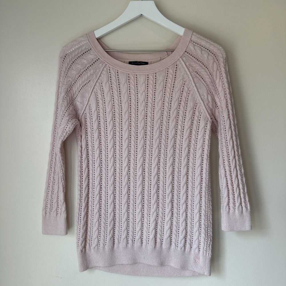American Eagle Sweater Size S Y2K Pink Cable Knit Long Slim Sheer Preppy Classic